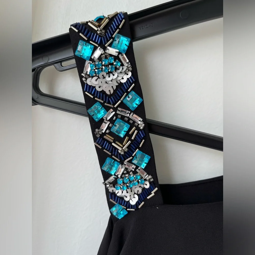 Marciano Knee Length Black One Shoulder Embellished Strap Bodycon Dress - Picture 3 of 14